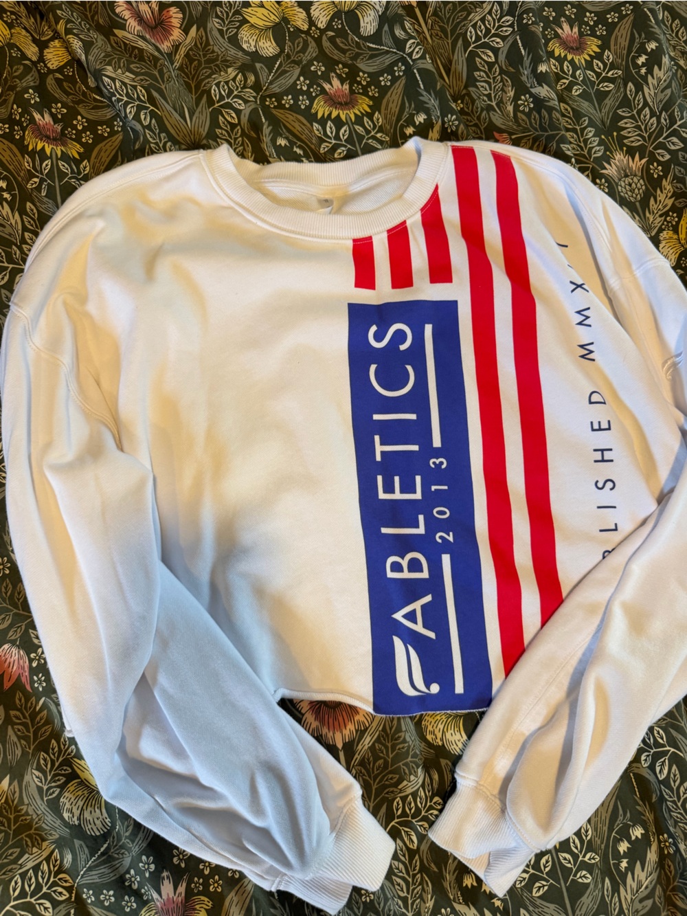 Fabletics White Crewneck Sweatshirt with Red & Blue Stripes